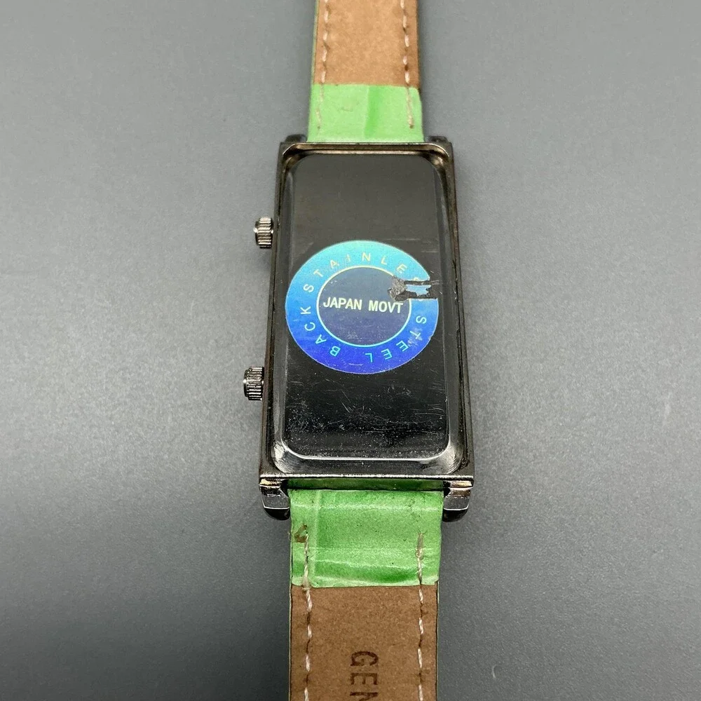 Geneva Womens Watch 21mm White MOP Dual Time Dial Green Leather New Battery